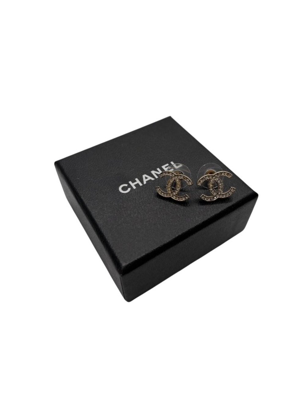 Chanel CC Logo Earrings Metal Rhinestone Gold Clear